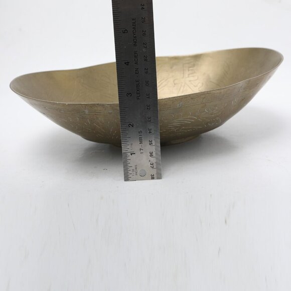 Vintage Chinese Brass Etched Bowl Longevity Prosperity Scalloped Edge Footed - Picture 4 of 13